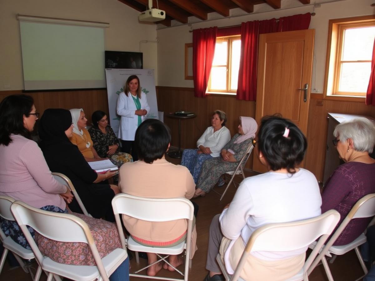 A nurse leading a women's health seminar in a community hall