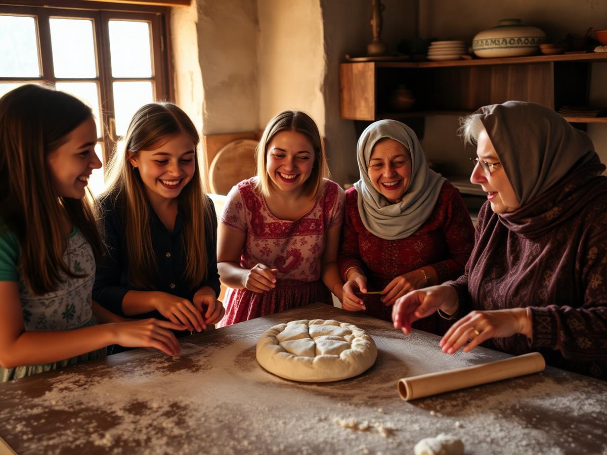 Teenage girls and older women preparing traditional pastry together in a village kitchen